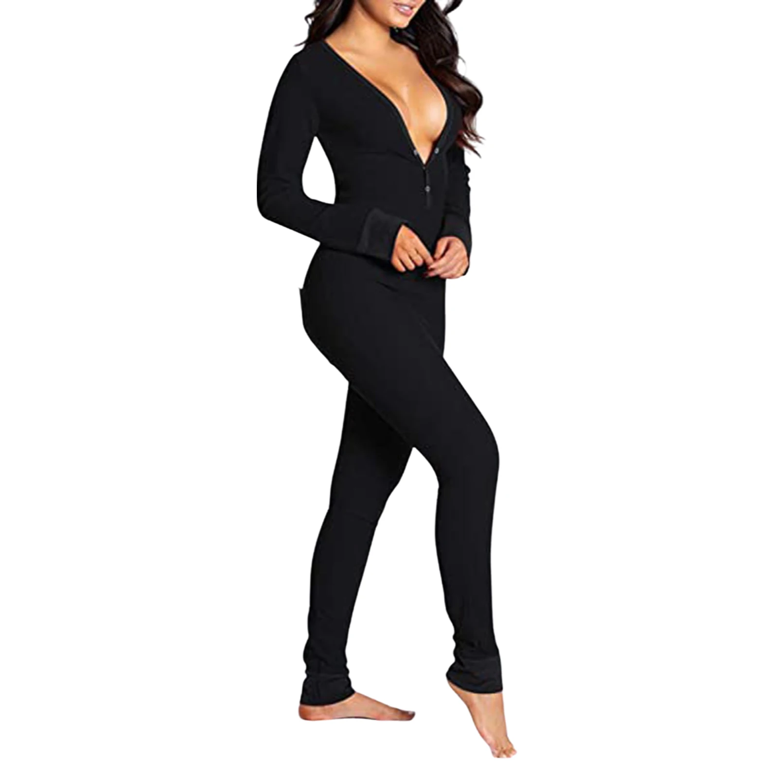 Combhasaki Women's Long Sleeve V Neck Bodycon OneEsies Stretchy Functional Buttoned Flap Pjs Sleepwear Romper Jumpsuit