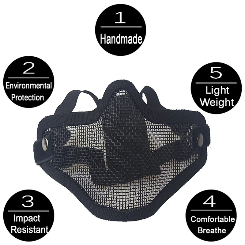 zlangsports Tactical Half Face Airsoft Mask Metal Net Dual Strap Adjustment CS Wargame Protective Masks