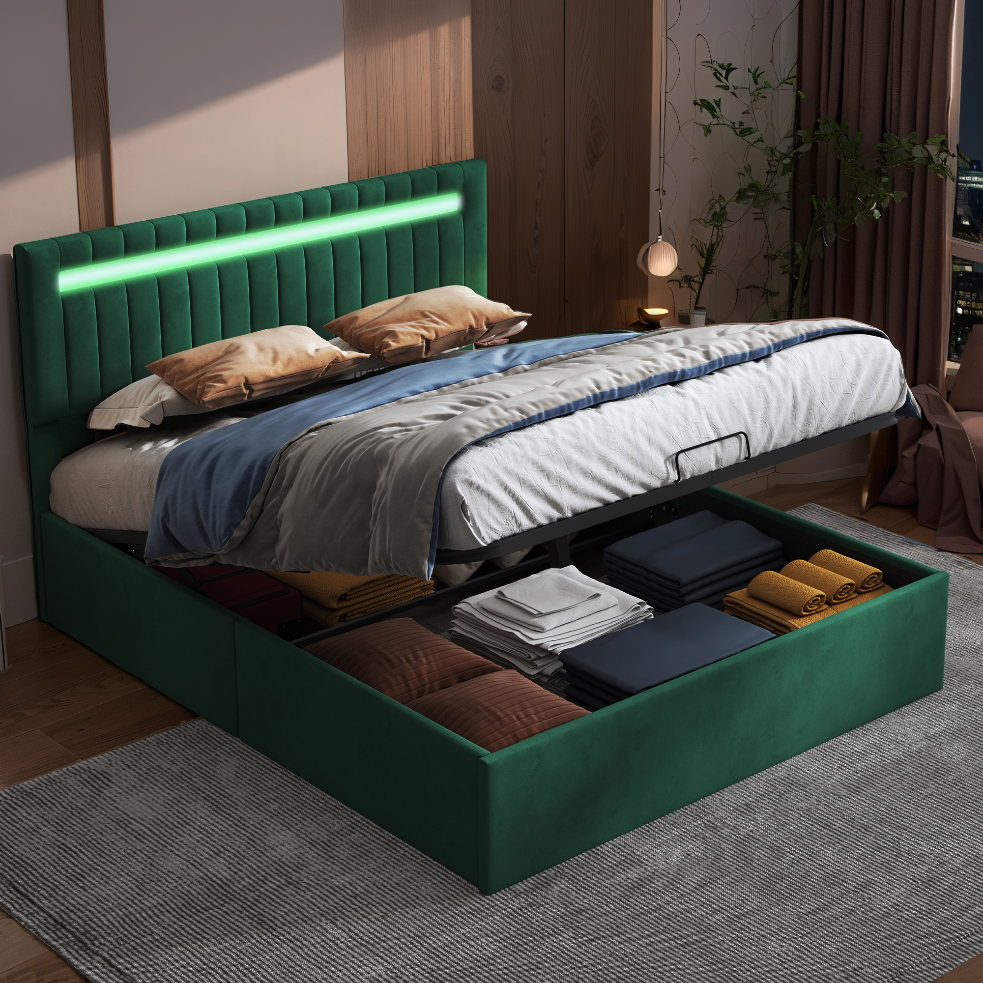 Doppelbett, samtgepolstertes Bett mit Lichtstreifen, vertikaler Streifen-Gasdruckbettrahmen mit Lattenrost – 160 x 200 cm