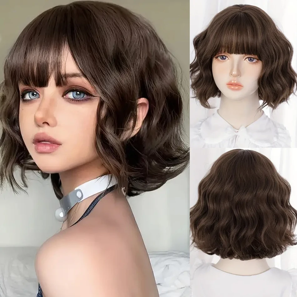 Cosplay curto encaracolado peruca sintética com franja loira rosa onda de água bob peruca com couro cabeludo simulado natural 12 ''peruca resistente ao calor