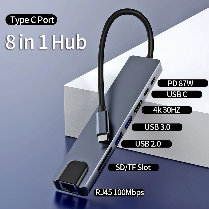 Adaptador USB C HUB 8 en 1 tipo C con estación de acoplamiento de puerto 4K HDMI 87W PD C RJ45 Compatible con portátiles MacBook Pro Air USB C