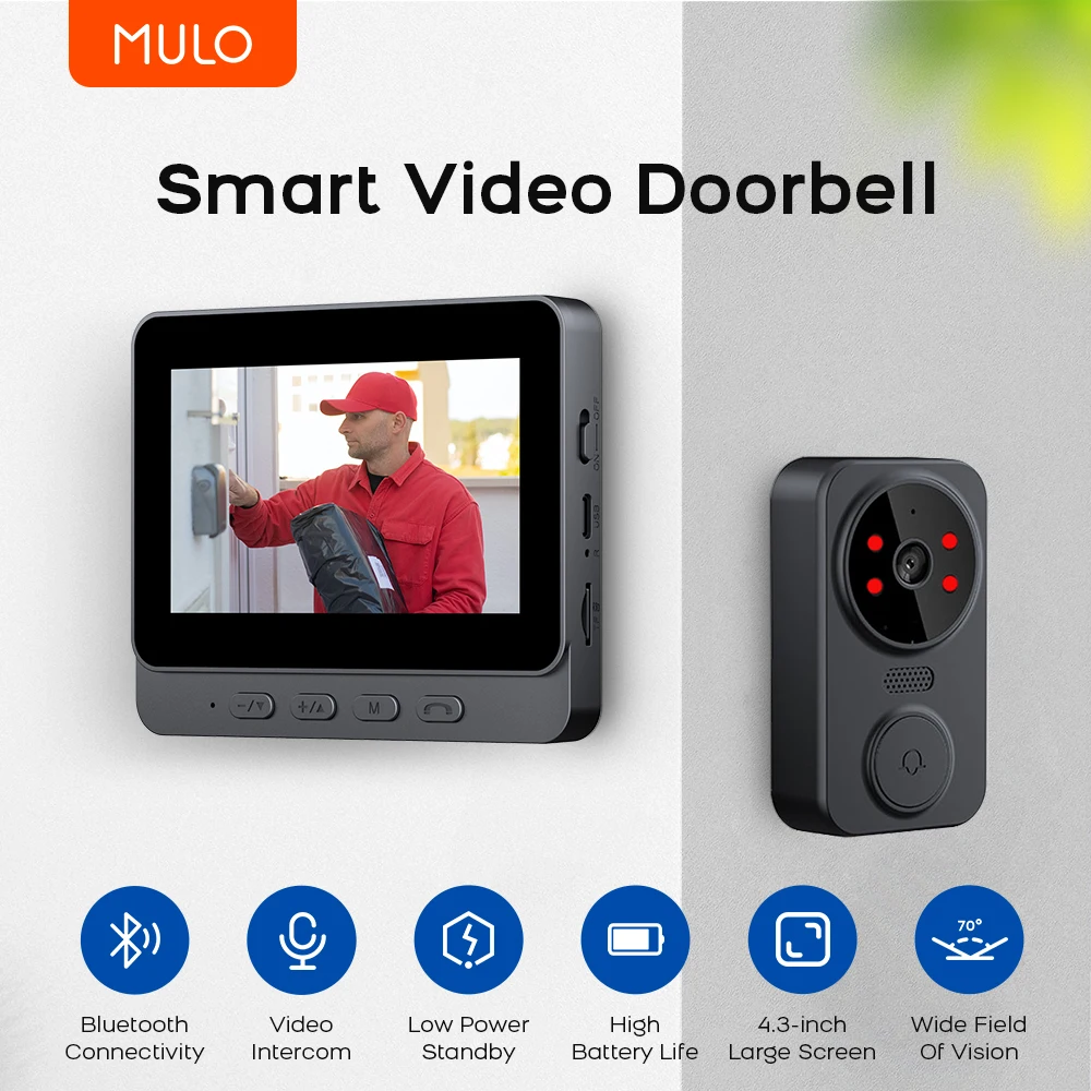 Timbre de vídeo inalámbrico a prueba de agua 1080P, pantalla IPS de 4,3 pulgadas, intercomunicador bidireccional infrarrojo para apartamento familiar, timbre de visión nocturna
