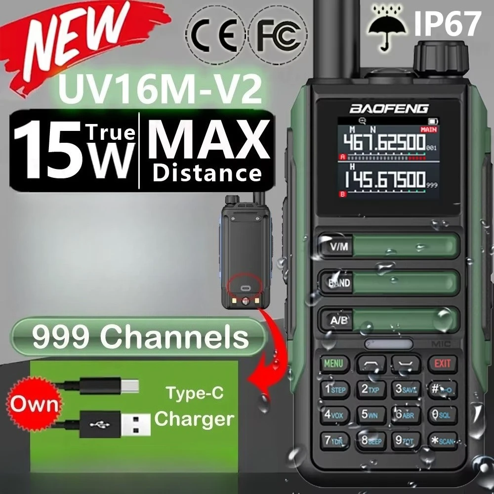 Upgrade Baofeng UV16M V2 Walkie Talkie 15W High Capacity AM FM 2-Way Radio Full Band LCD 999CH Frequency Copy NOAA Noise Reduce