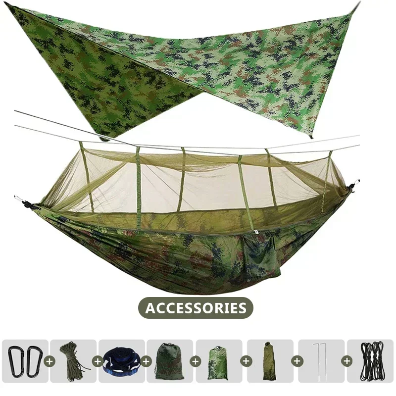 Rede de acampamento dupla ao ar livre, 260x140cm, com mosquiteiro e lona contra chuva, leve, paraquedas, para viagens, caminhadas