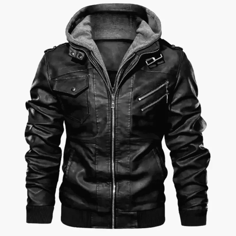 Gespleißte PU-Lederjacken mit Reißverschluss und Kapuze für Herren, Kunstleder, langärmelig, solide Taschen, Strickjacke, lockerer Mantel, High Street 2024