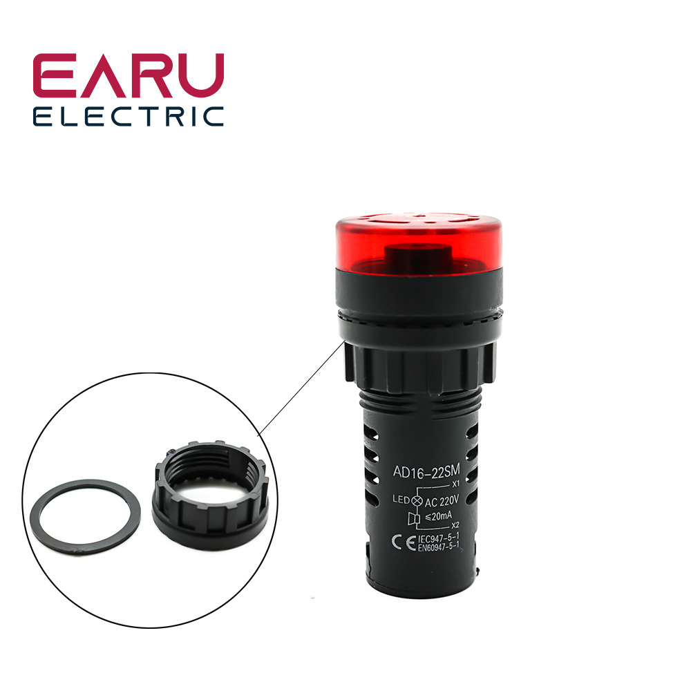 AD16-22SM 22mm Panel Diameter AC 12V 24V 110V 220V Flash Signal Light Red LED Active Buzzer Beep Alarm Indicator Green Yellow