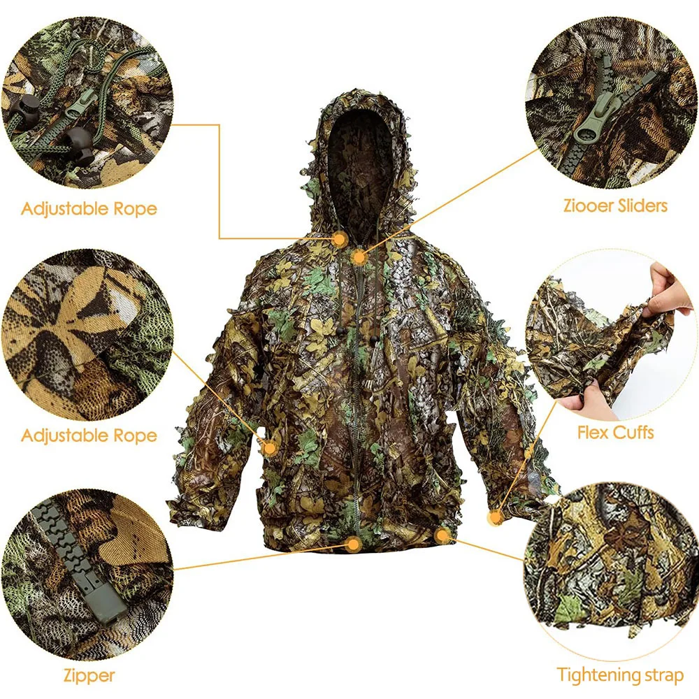 Ghillie สูทผู้ชายผู้หญิงเด็ก 3D Leafy Bionic Camouflage การล่าสัตว์เสื้อผ้า CS ยิงชุดยุทธวิธีการต่อสู้เสื้อผ้าชุด