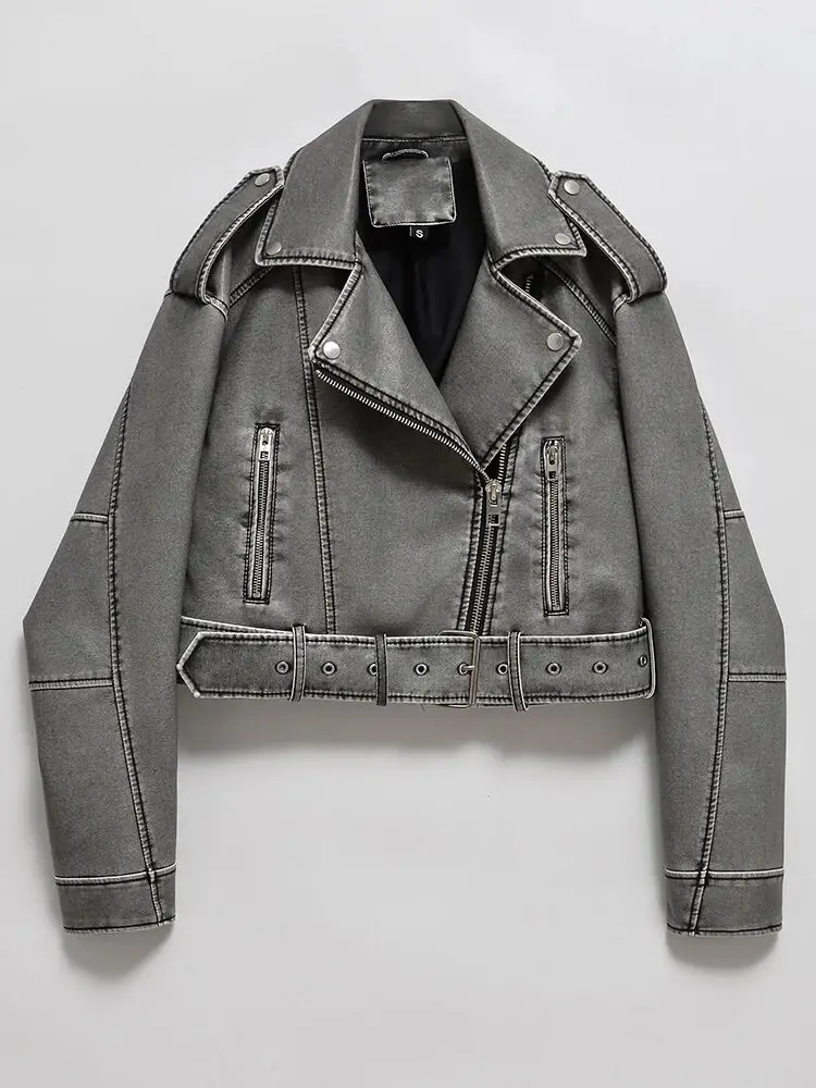 Mulheres vintage solto lavado falso couro jaqueta curta streetwear feminino zíper cinto moto motociclista retro casaco outwear topos
