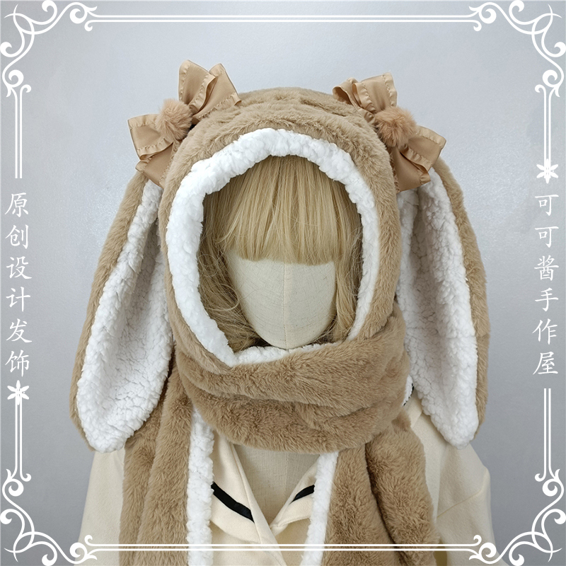 Gorro de felpa con Orejas de conejo lolita japonés kawaii, bufanda, guantes, tríada, gorro de ciclismo, sombreros de invierno para estudiantes