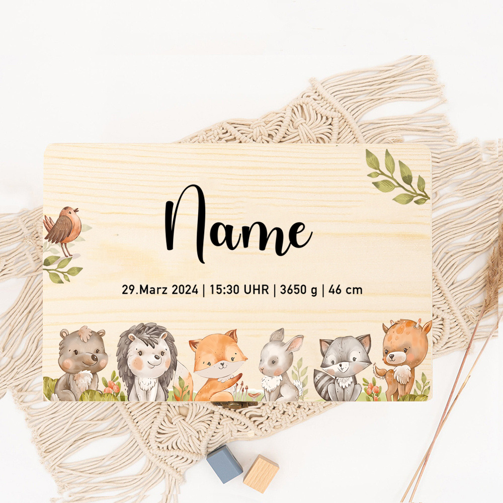 Personalisierte süße Waldtier-Aufbewahrungsbox, eine Gedenkbox mit Namen und Geburtsdatum, Erinnerungsbox aus Holz, Baby-Geburtsgeschenk