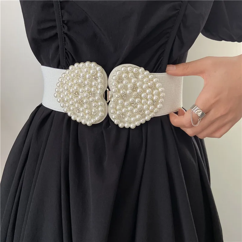 Lovely Pearl Elastic Waistband Women's French Fashionable Skirt Matching Dress Elegant Suit Elastic Wide Waistband
