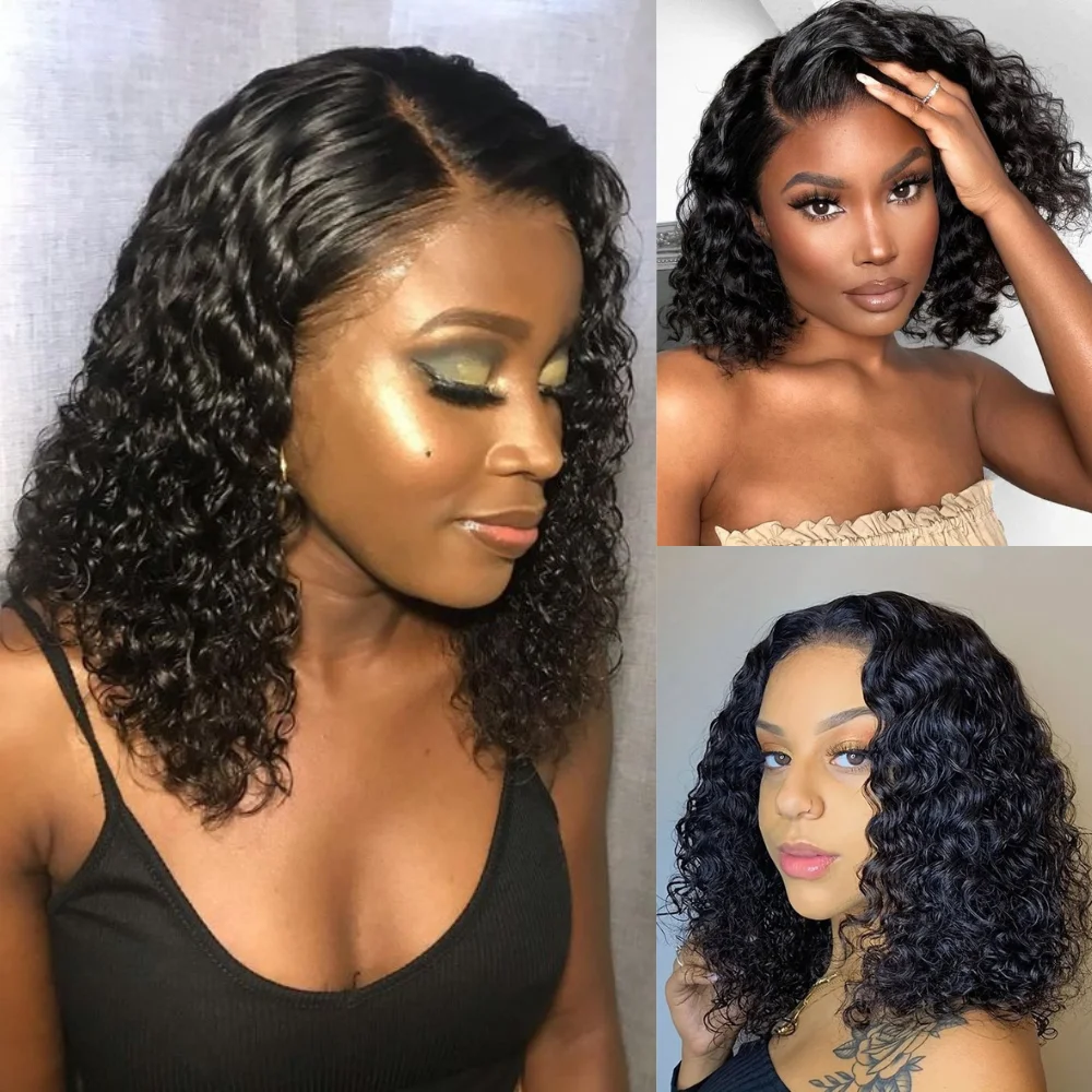 Deep Curly สั้น Bob วิกผมทนความร้อน Glueless วิกผมสังเคราะห์ Deep Wave 13*3 ลูกไม้ด้านหน้าวิกผม Pre Plucked เส้นผมธรรมชาติ