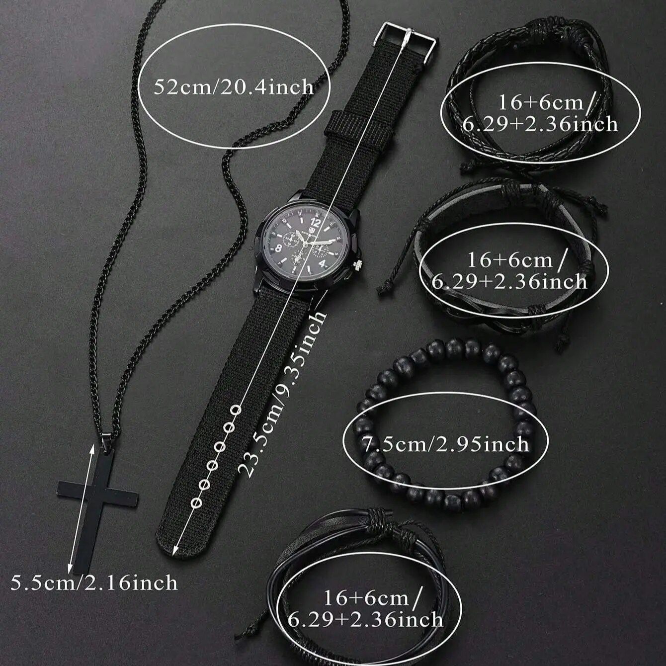 6pcs_Set Pulsera de cuentas con forma de '8' de cuero Pu de moda con reloj mecánico, collar con colgante de cruz para hombres, color negro