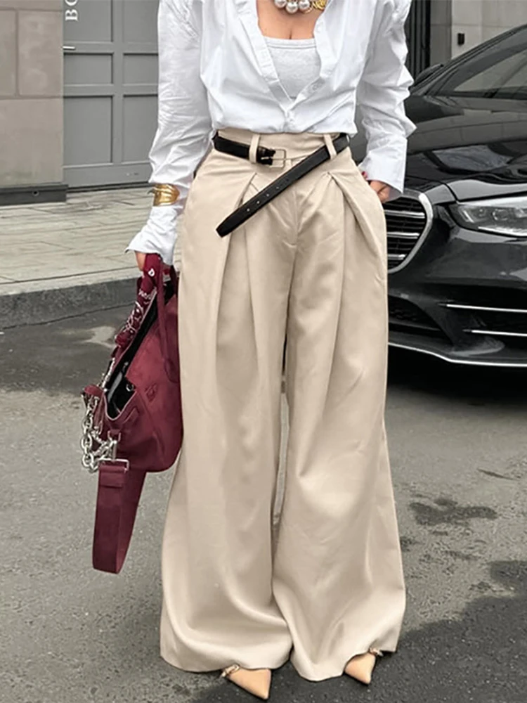 Casual Khaki Gefaltete Breite Beine Hosen Frauen Chic Hohe Taille Baggy Hosen Weibliche 2025, Frühling Sommer Neue Mode Büro Hose