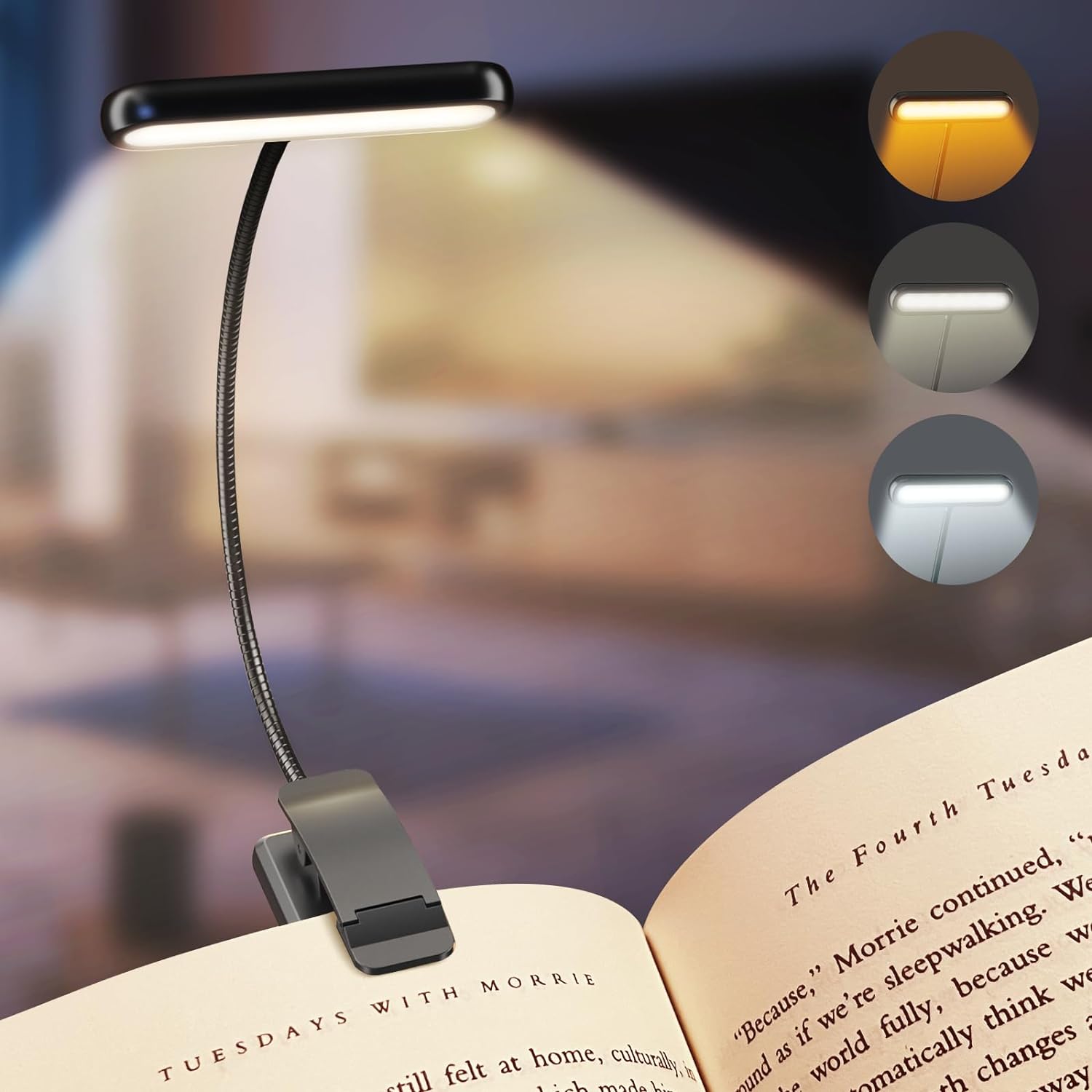 Luz LED de lectura para libros, lámpara de luz regulable recargable por USB con Clip para el cuidado de los ojos, lámpara de lectura nocturna Flexible ajustable