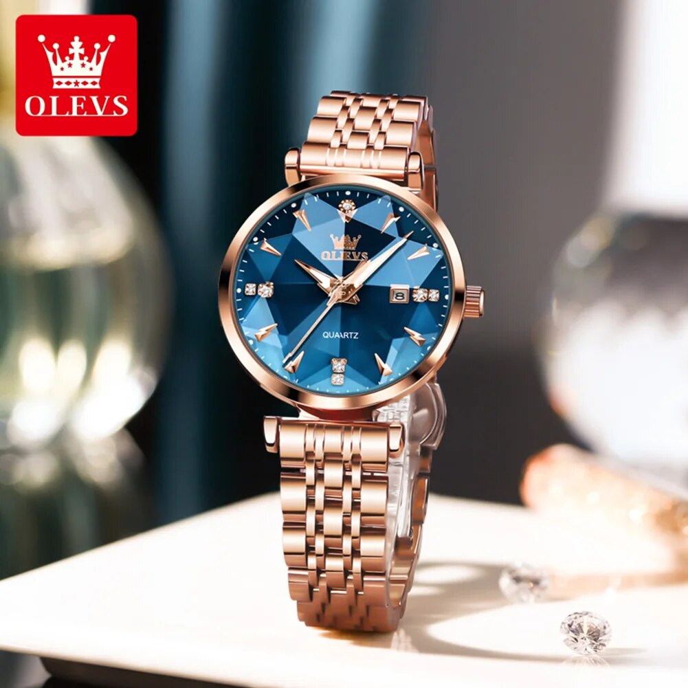 OLEVS 5536 reloj de cuarzo para mujer, moda de lujo, espejo rombo, oro rosa, acero inoxidable, resistente al agua, luminoso, reloj de pulsera para mujer