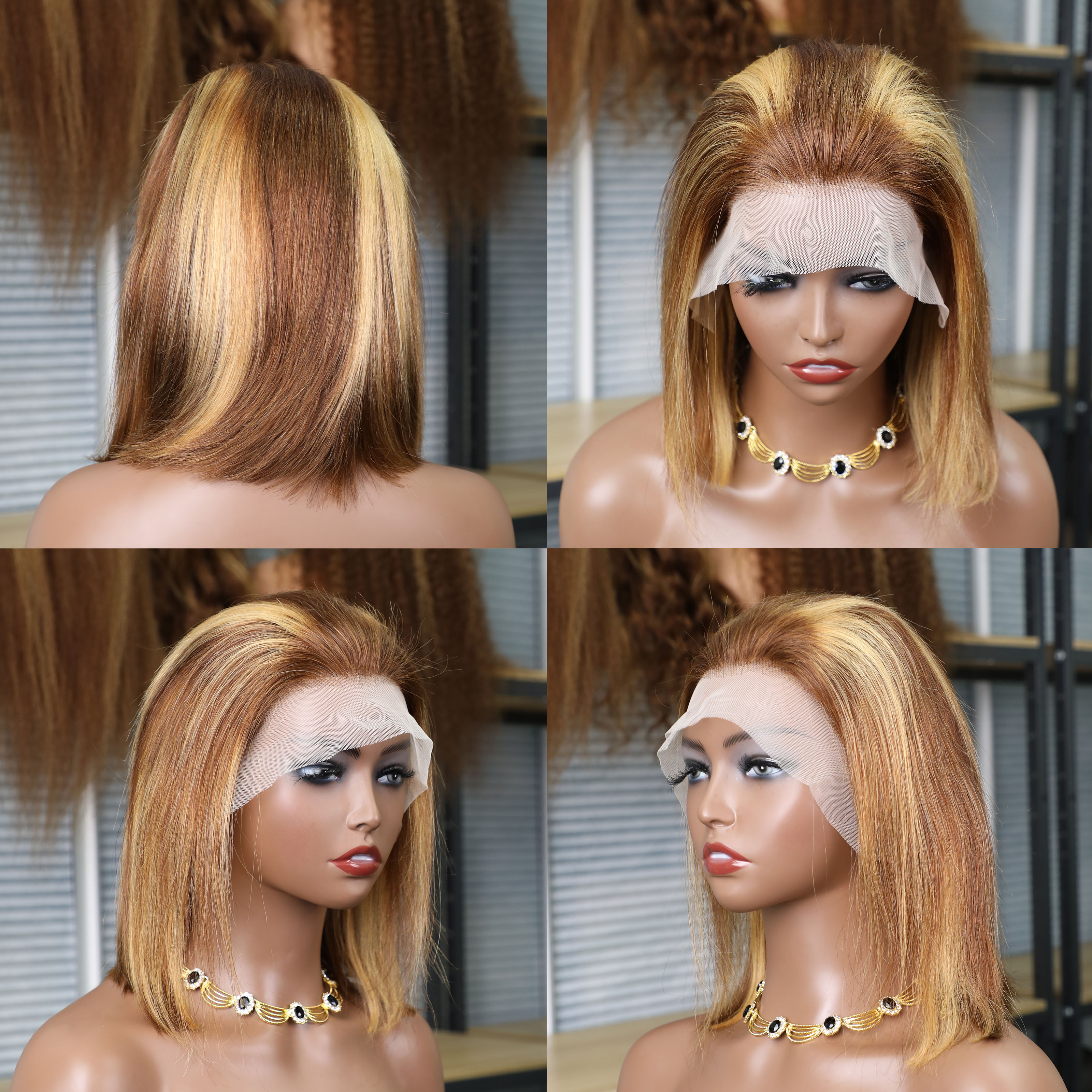 Rechte Korte Bob Pruik Hoogtepunt 4/27 13x4 Kant Frontale Menselijk Haar Bob Pruiken Bruin Blond Transparant Kant voor Menselijk Haar Pruik