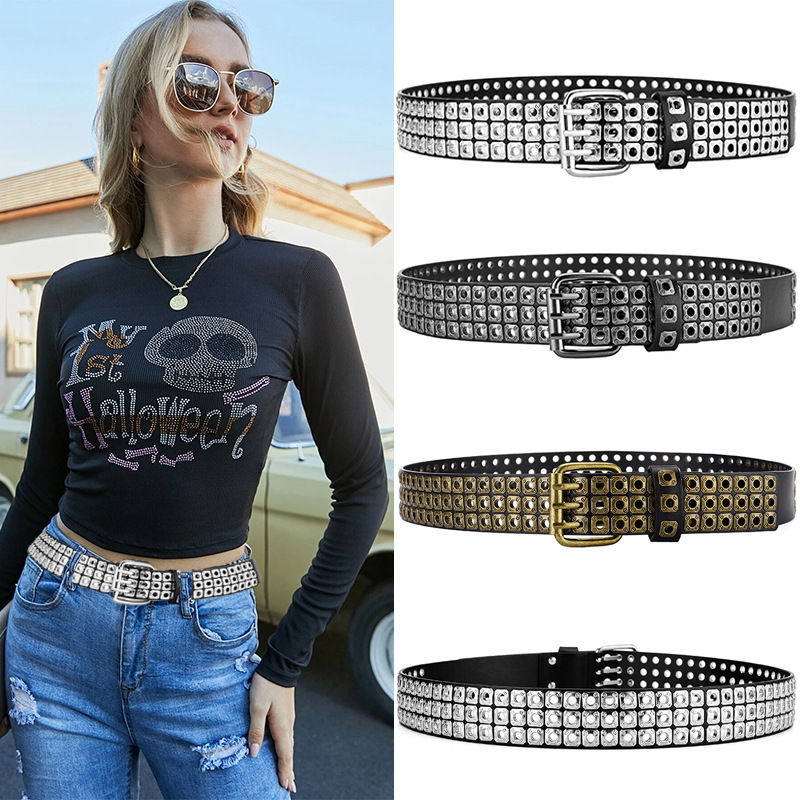 Ceinture pour femmes, perles carrées à la mode, clous en saule, trois yeux d'échappement, Punk Street Cool, ceintures personnalisées pour hommes et femmes