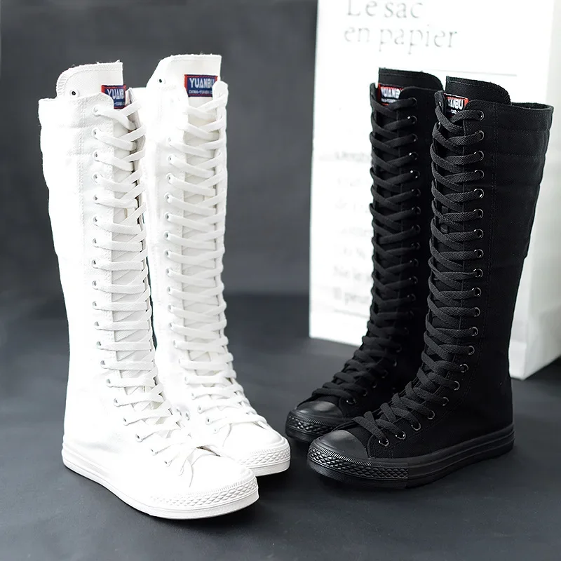Botas Largas de lona para mujer, zapatos de lona de alta calidad con cordones hasta la rodilla, zapatos planos informales vulcanizados, zapatillas de deporte para niñas
