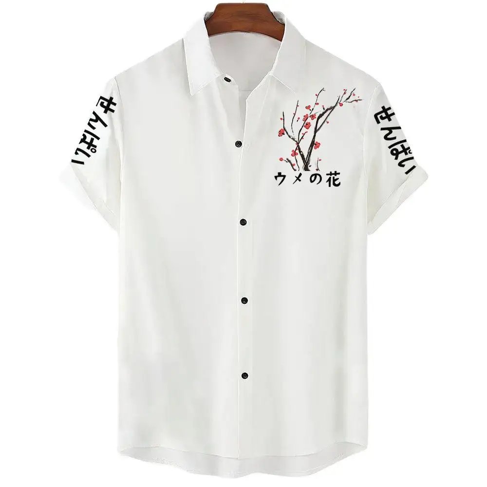 Camisa Social de lujo a la moda para hombre, camisa con botones y solapa, Tops informales de manga corta con estampado de flor de cerezo estética japonesa