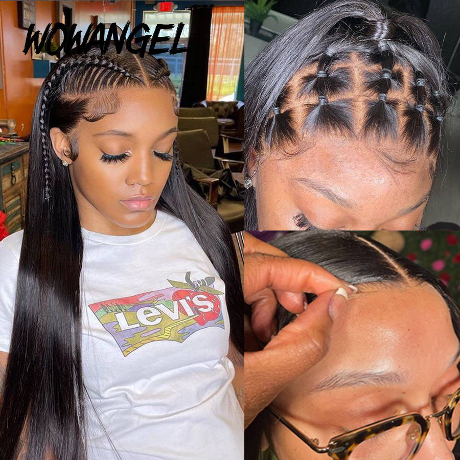 Wow Angel HD フルフロンタルウィッグ 36 インチ ストレート メルトスキン 13x6 HD レースフロント人毛ウィッグ バージンヘア 事前摘み取りグルーレス
