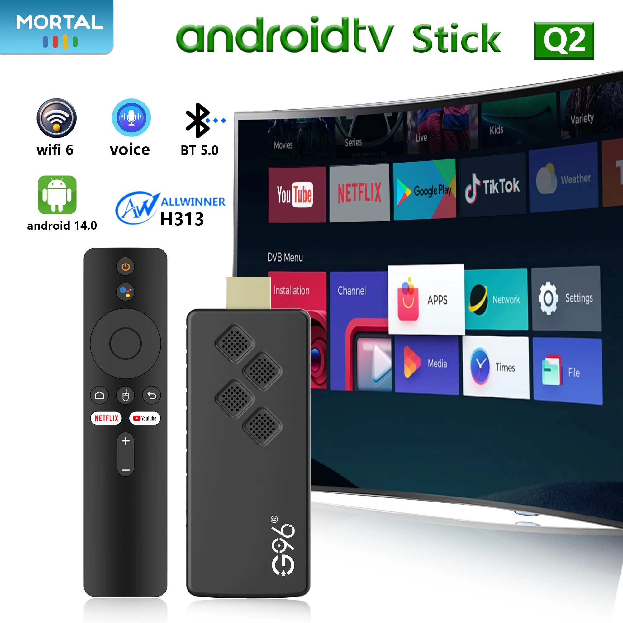 Mortal Android 14 Mini TV Stick Q2 16GB Quad Core Allwinner H313 New Wifi6 BT5.0 Global Streaming Smart TV Box VS Fire TV Stick