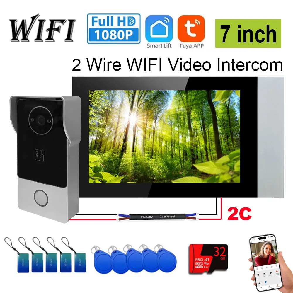 2 Draad Smart Home Tuya Wifi 1080P Video Intercom Video Deurtelefoon 7 ''Kleur Touchscreen Camera deurbel Deur Beveiligingssysteem