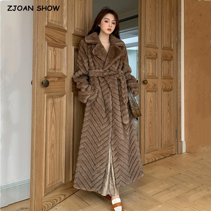 Zimowy brązowy wytłaczany wzór w paski Faux Mink Fur Coat CHIC Women Bow Sashes Full Sleeve Loose Warm X-Long Outerwear