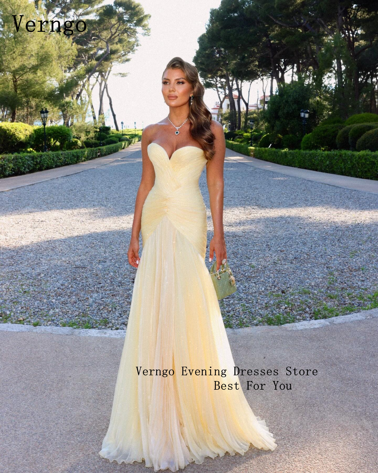 Verngo Hellgelb Glänzende Chiffon-Abschlussballkleider Schatz A-Linie Abendkleider Damen Elegantes formelles Anlasskleid Maßgeschneidert