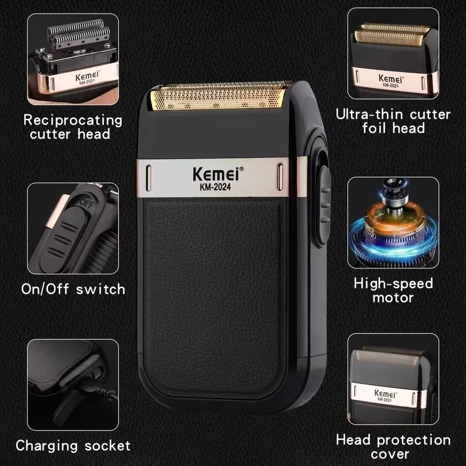Afeitadora eléctrica Kemei KM-2024, Afeitadora eléctrica profesional recargable por USB para hombres, Afeitadora de barba resistente al agua con carcasa de cuero