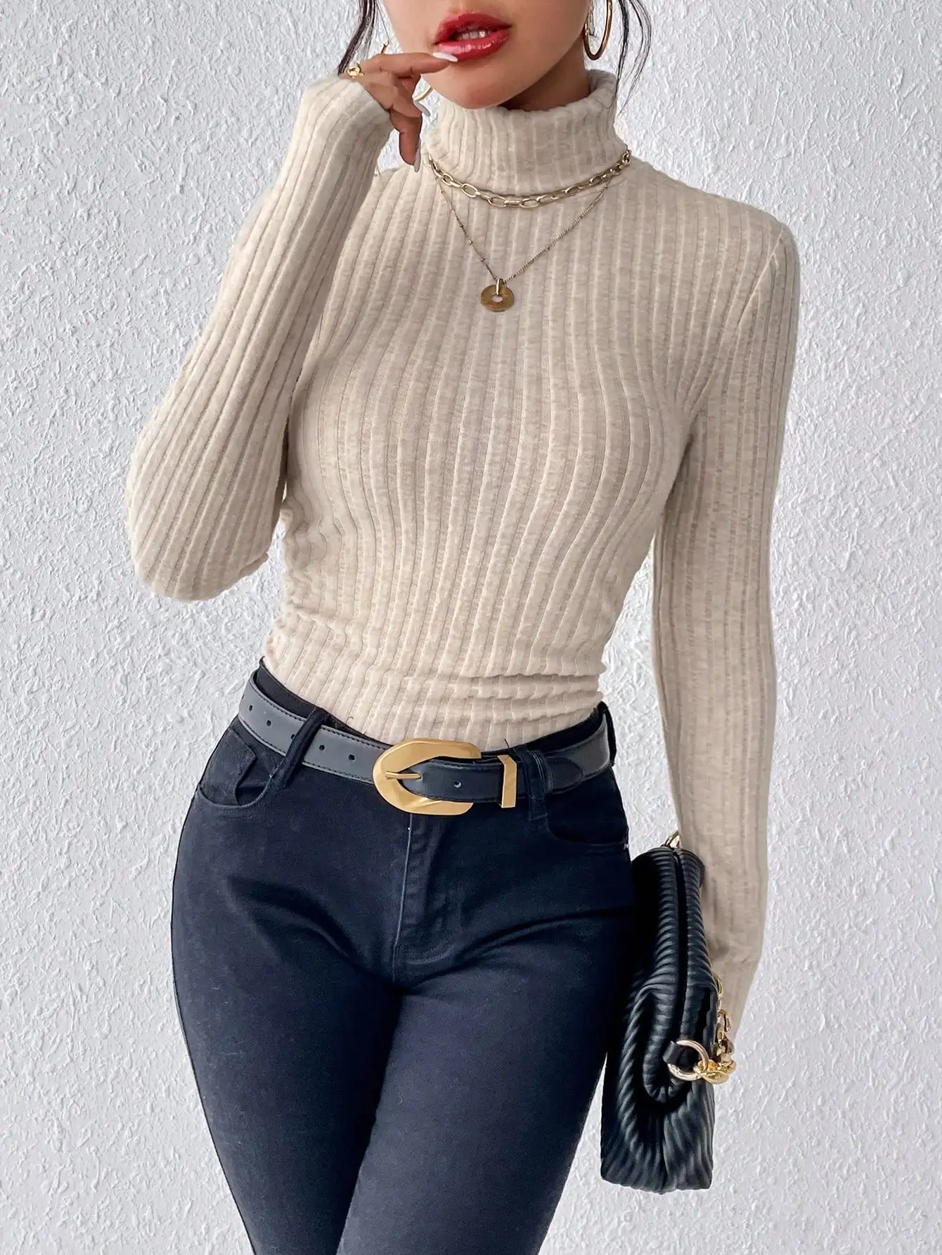 ฤดูใบไม้ร่วงและฤดูหนาวเซ็กซี่ Texture PIT Stripe Slim ถักแขนยาวผู้หญิงเสื้อยืดใหม่คอผู้หญิงเสื้อลําลองผู้หญิงเสื้อ