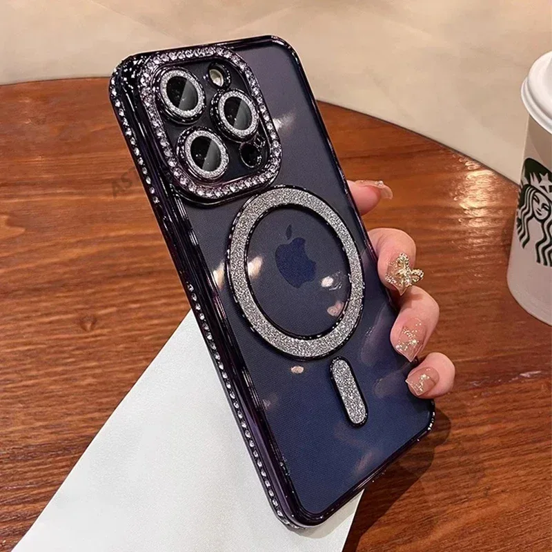 2024 nueva moda Glitter Diamond funda transparente para iPhone 16 15 14 Plus 13 12 11 Pro Max cubierta trasera de carga inalámbrica magnética
