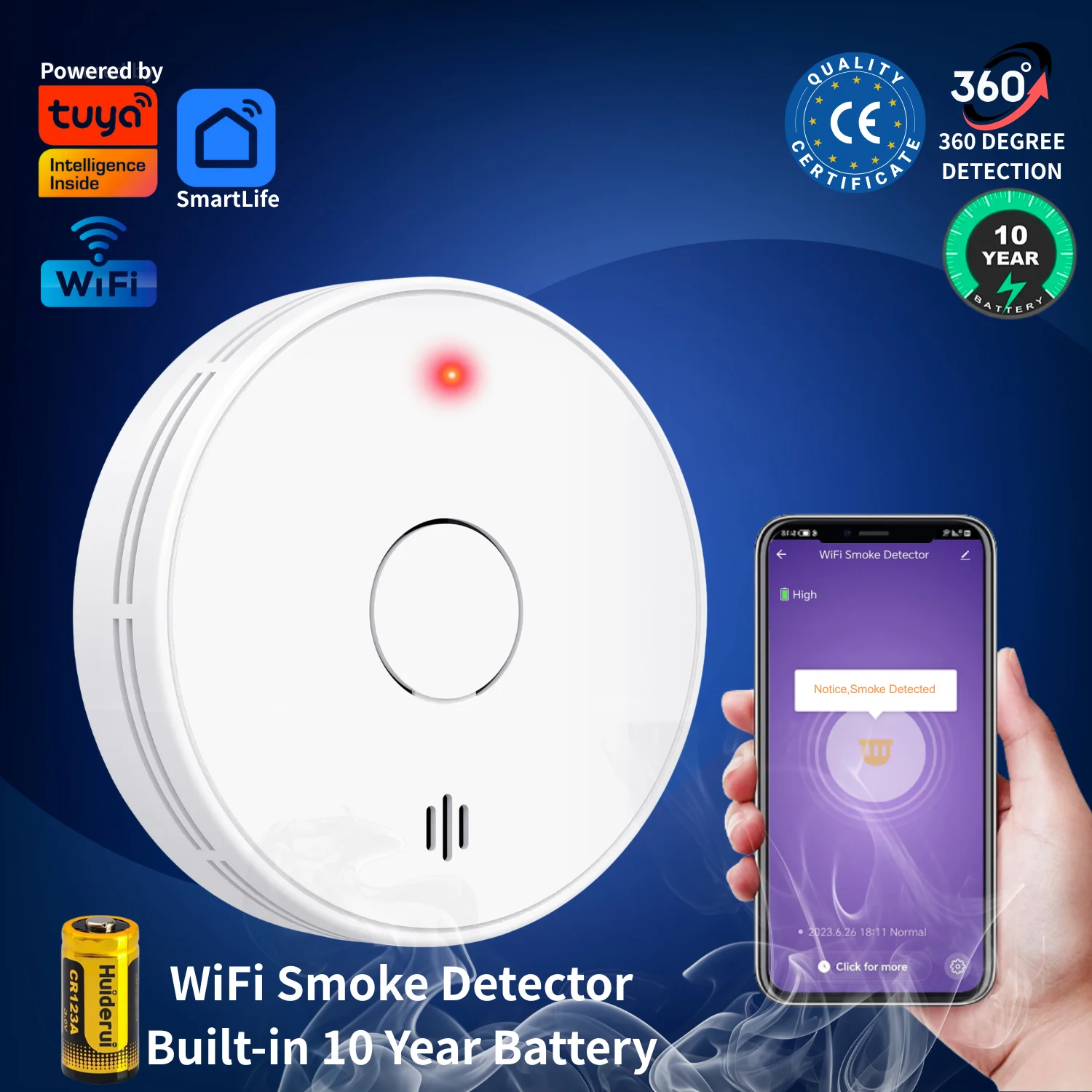 Detector de humo SmartLife con batería de 10 años, aplicación Tuya-WiFi 2,4 GHz, alarma de incendio/alarma de humo de 10 años, aprobado por CE/UKCA, VS02W
