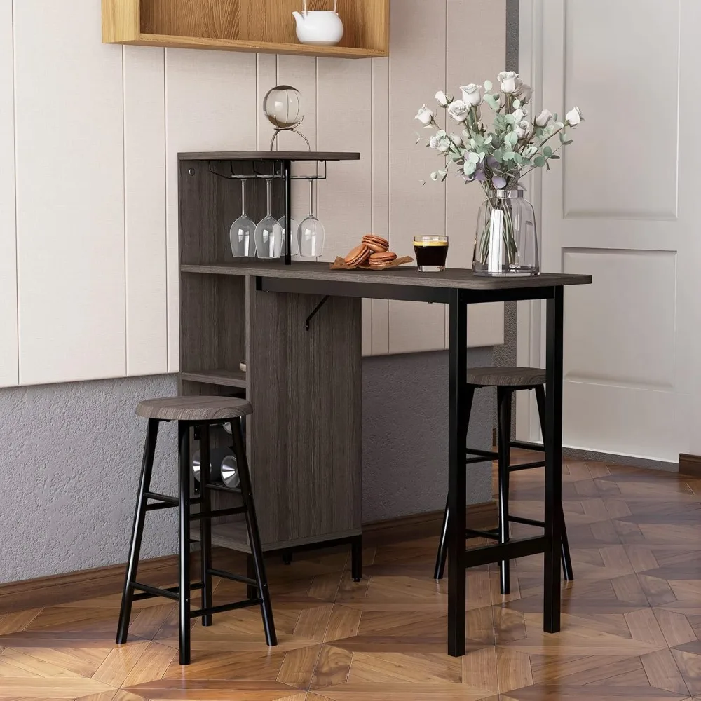 3 Pieces Bar Table Set, Steel Frame Dining Table and 2 Stools with Wine Racks, Glass Holders, Bar Table Set