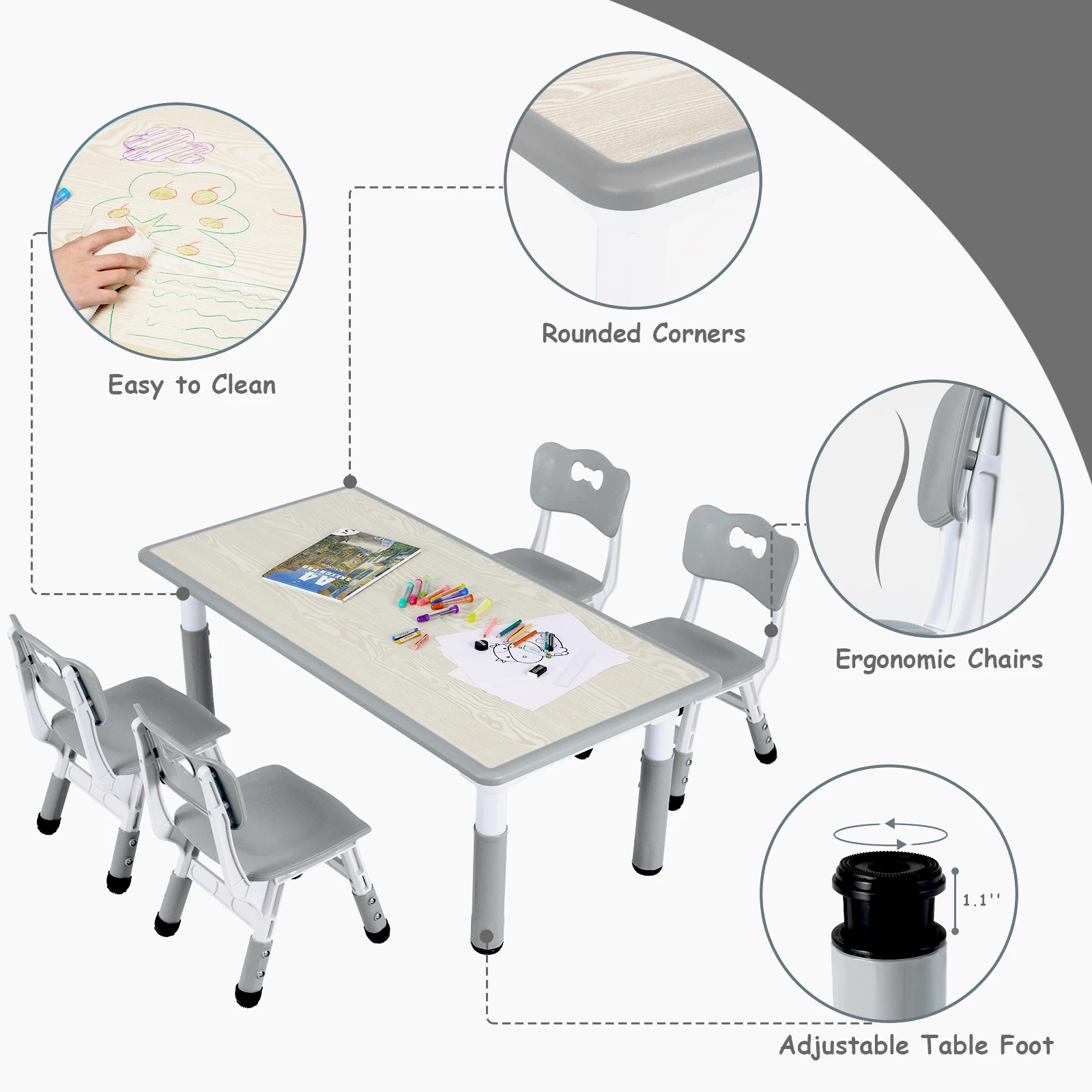 AOOU 47.2‘’ Kid Table and 4 Chairs Set, Height Adjustable Toddler Study Table&Chair Set for Age 2-10, Multi-Activity Art Table