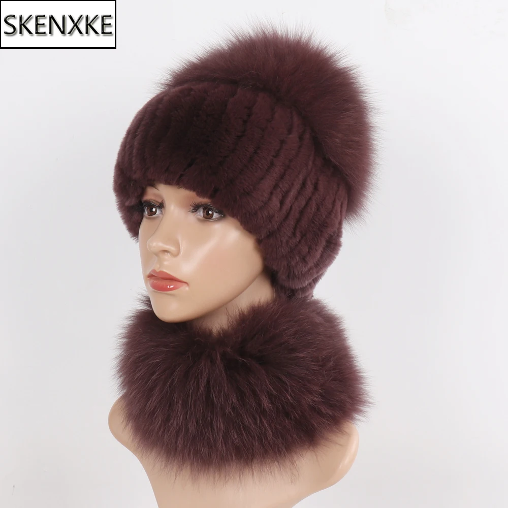 Nuevos conjuntos de bufanda de sombrero de piel de zorro auténtica de lujo para mujer de invierno, gorros de piel de conejo Rex cálidos de punto suave Natural, gorros de piel de zorro, bufandas, 2 piezas