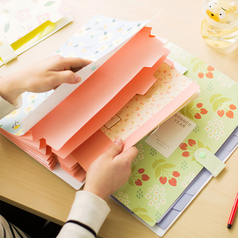 Carpeta de archivos Floral Kawai, bolsa para documentos de 6 capas, bonito organizador de archivos, bolsa de almacenamiento para carpetas de facturas, papelería coreana, suministros de oficina