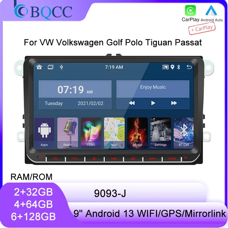 BQCC 9093 9" Car Player For VW Volkswagen Golf Polo Tiguan Passat Mirrorlink WIFI GPS BT Wireless Carplay Quad/Octa Core IPS RDS