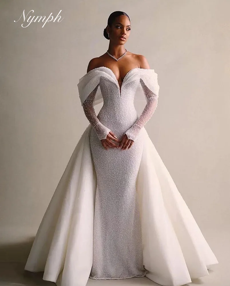 Luxury Detachable 2 In 1Train Wedding Dress Lace Sequins V Neck customiz Full Sleeve Vintage Bride Gown Mermaid Vestido De Novia