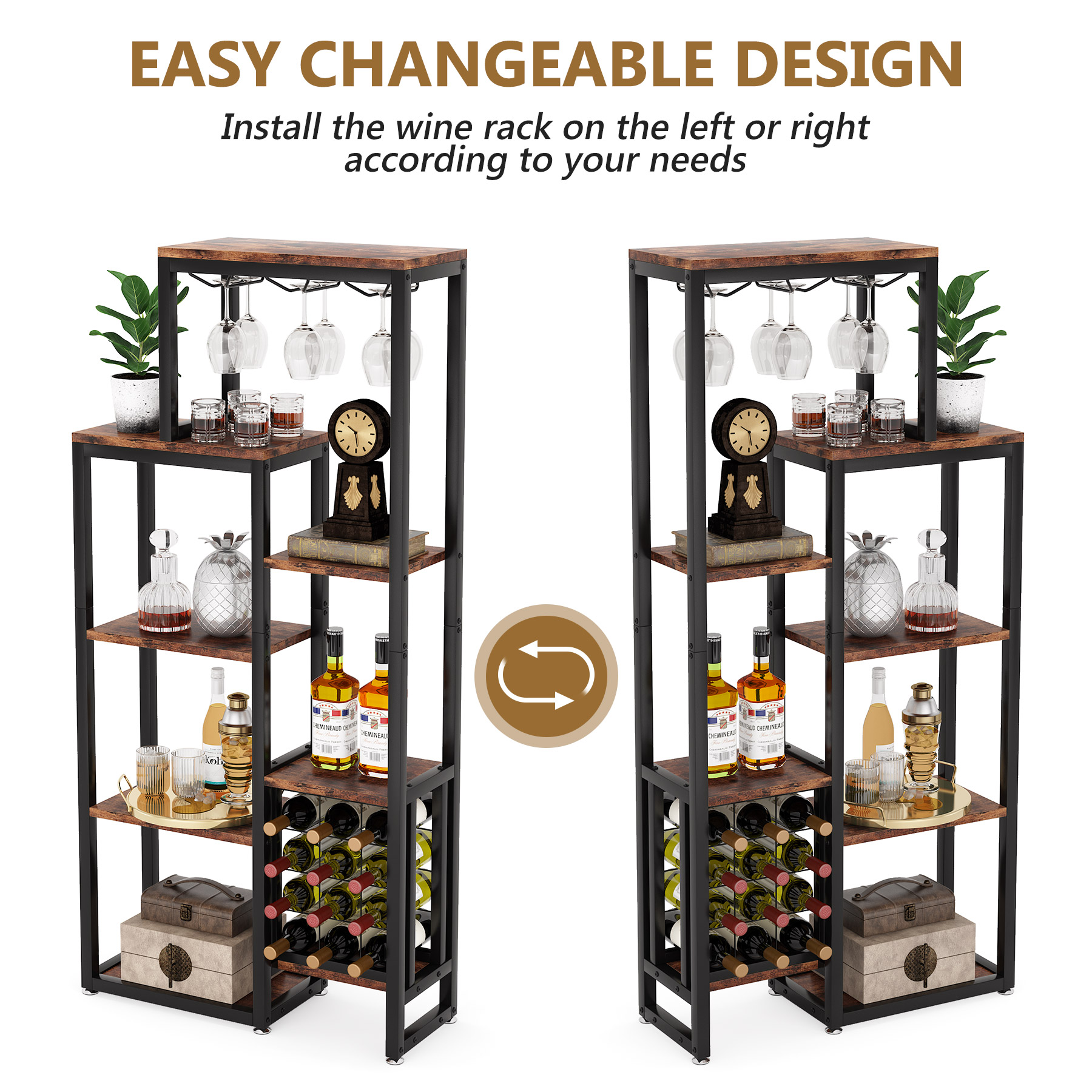 Tribesigns Wine Rack Freestanding Floor, portabottiglie per vino a 5 livelli con portabicchieri e portabottiglie, espositore per vino industriale