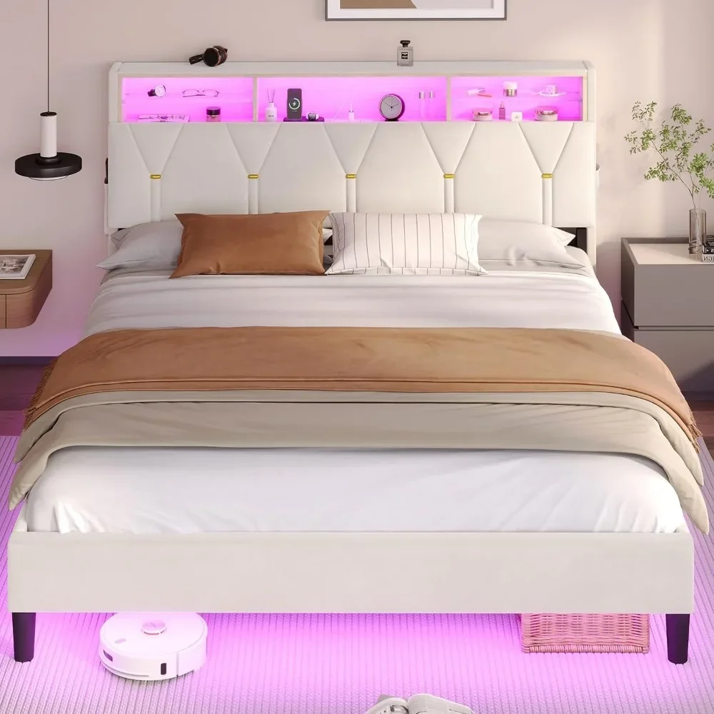 Full Size Bed Frame with Headboard Storage & LED Lights, with Charging Station, Velvet Upholstered Bed with Shelf Headboard