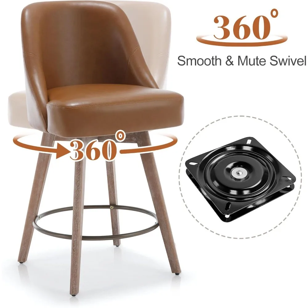Counter Height Bar Stools Set of 2, Mid-Century Swivel Bar Chairs with Backs and Beech Wood Legs, 26 Inch Seat Height