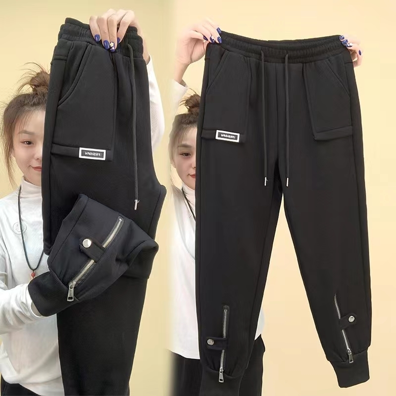 Outono inverno calças femininas adicionar calças de veludo cintura elástica zíper guarda harem calças casuais calças esportivas femininas harem