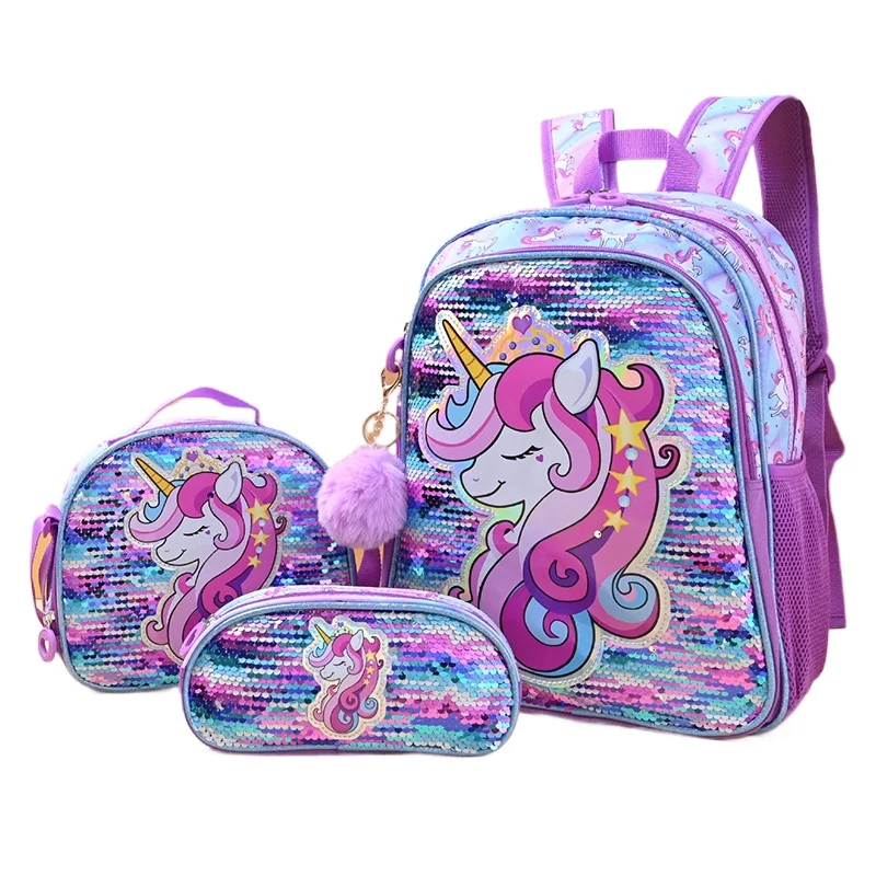 3 Pieces Bag Sets for School Backpacks Girls Cartoon Unicorn Bookbag with Lunch Bag Multifunction Backpacks Mochila Infantil
