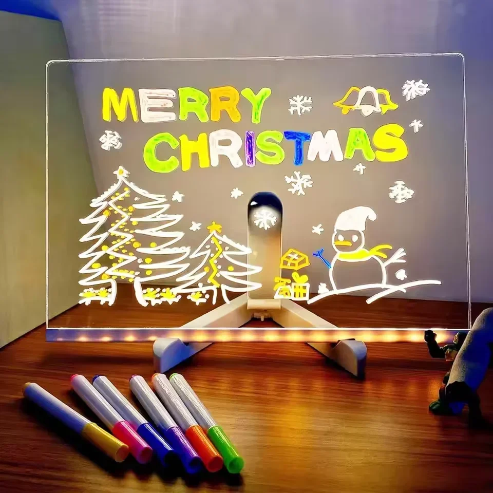 Tableau d'affichage de lettres LED, tableau effaçable à sec avec 7 stylos colorés avec planche à dessin en acrylique léger, cadeaux d'anniversaire pour enfants