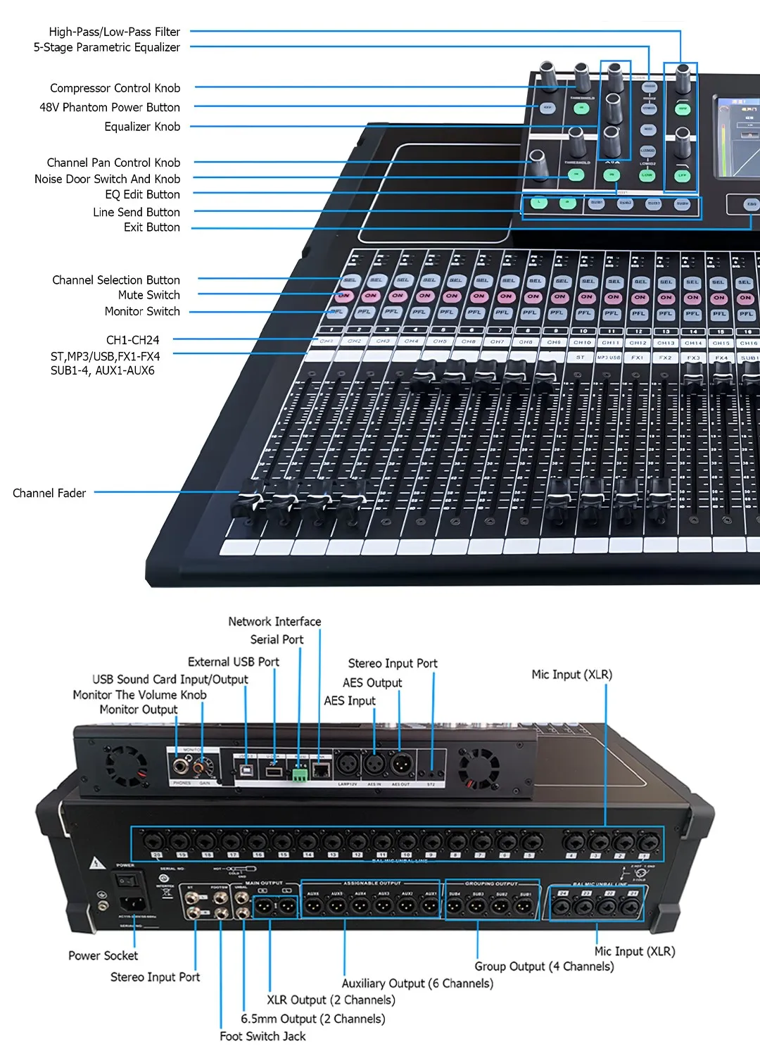 KI-16 16 Channel 2 Group Professional Audio Mixing Console Digital Sound Mixer Console With 5-inch Touchscreen Display USB
