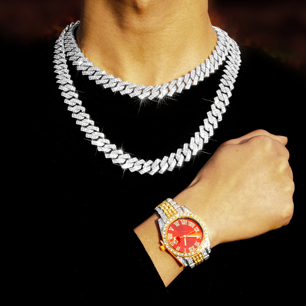 Relógio masculino banhado a ouro hip hop, movimento de quartzo com mostrador redondo de zircônia completa, design de luxo brilhante para estilo de festa