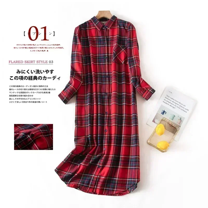 Camisa de dormir de manga larga, vestido de dormir para mujer a cuadros, multicolor, camisa de talla grande, camisón, cárdigan, camisón para mujer