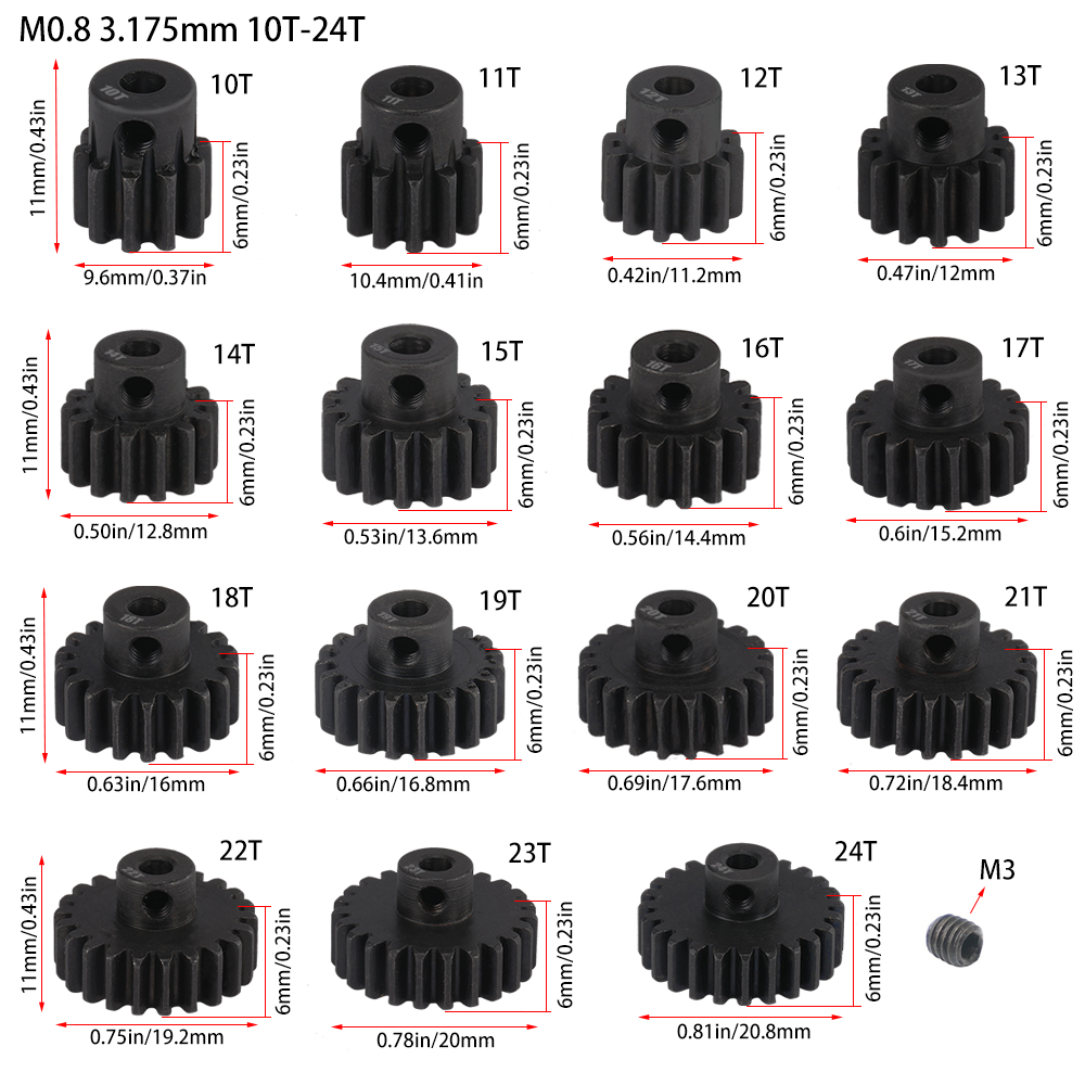 Piñón de metal de acero endurecido M0.8 de 3,175 mm, 10T, 11T, 12T, 13T, 14T, 15T, 16T, 17T, 18T, 19T, 20T, 21T, engranaje de motor para coche RC 1/10