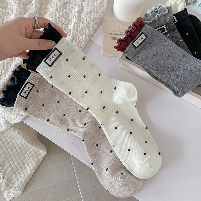 Chaussettes pour femmes nouveaux points mignon froufrous décontracté mode chaussettes longues respirant Style Preppy dames nouveautés chaussettes coton doux confortable